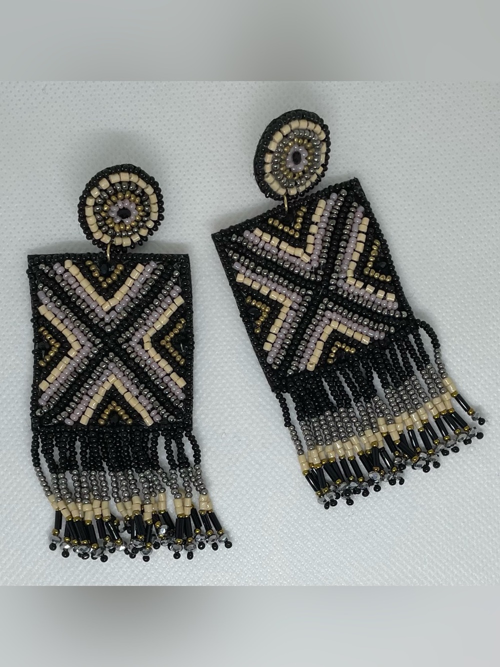 ✨Black & Gold Geometric Fringe Statement Earrings. Boho Luxe Handmade Earrings